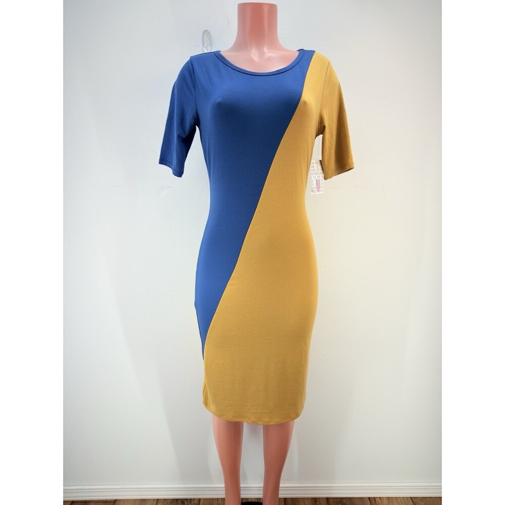 NEW LuLaRoe Julia Dress Bodycon Mustard Color Blue Stretch Knee Length Comfy